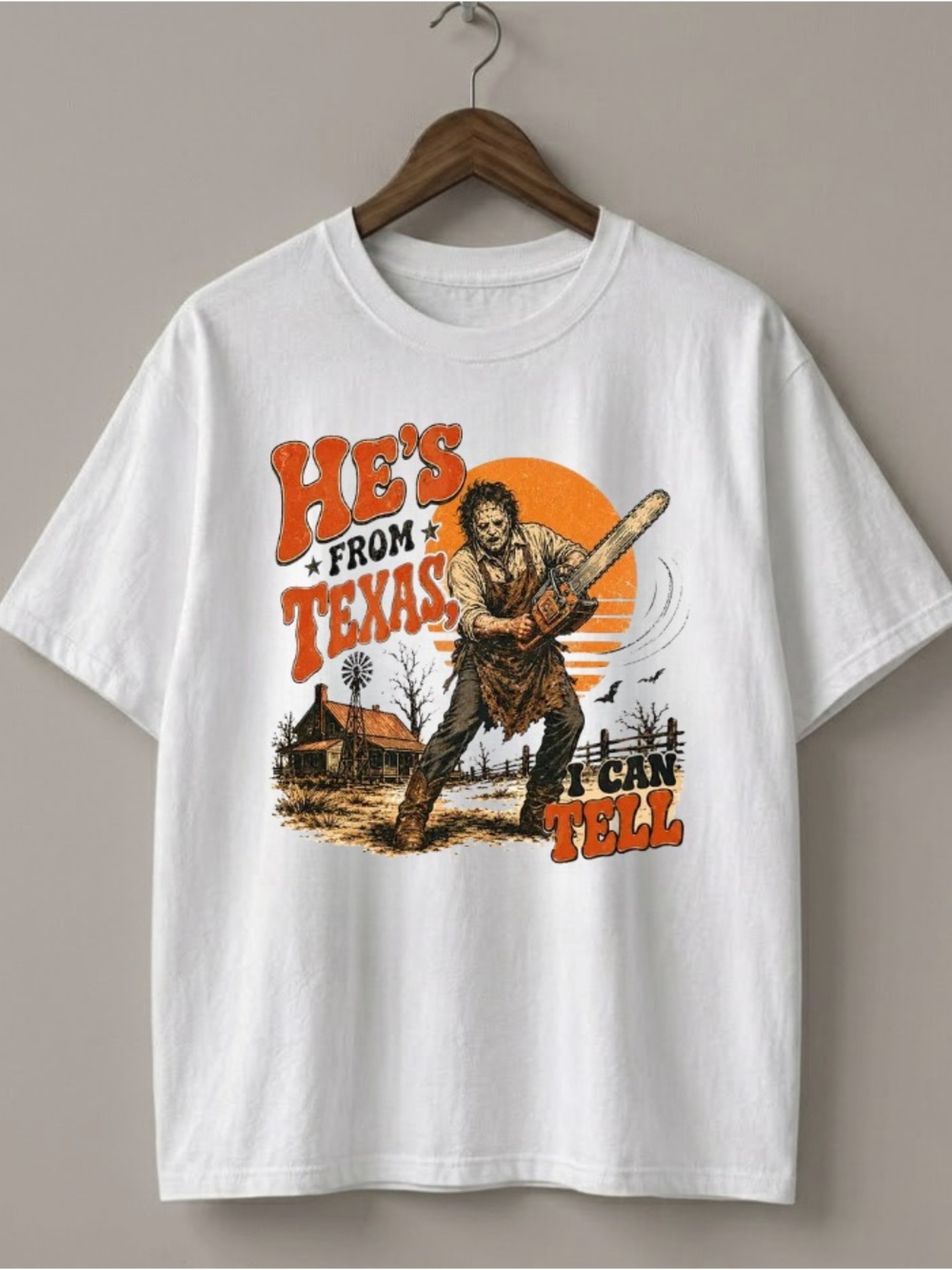 He's From Texas I Can Tell Halloween Slasher Spooky Season Vibe Tee | Gildan